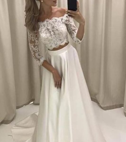 Two Piece 3/4 Sleeve Off the Shoulder Lace Satin Beach Wedding Dress