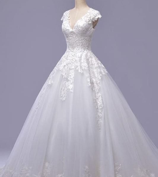 V-Neck Cap Sleeve Lace-up Tulle Wedding Dress