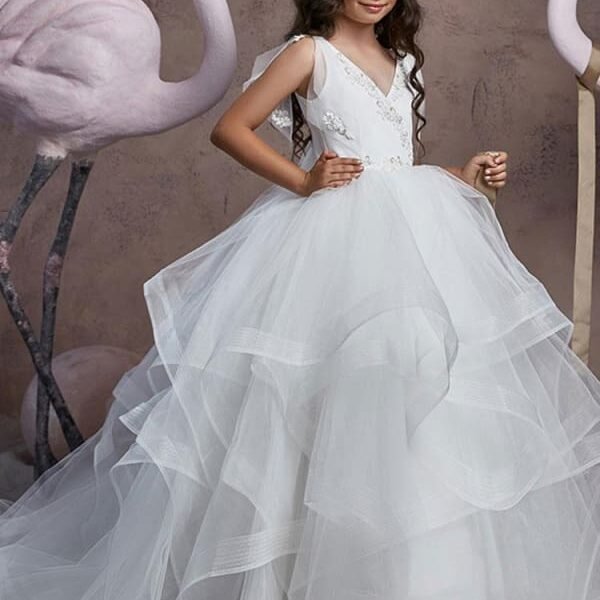 V Neck Lace Long Flower Girl Dresses Sleeveless Floor Length Princess Silhouette Tiered Kids Party Dresses