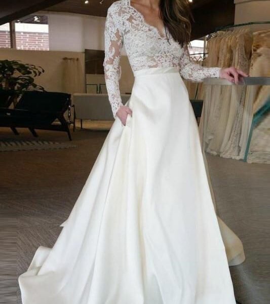 V Neck Long Sleeves Ruffles Wedding Dresses