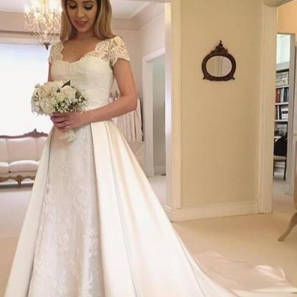 V-Neck Short Sleeve Lace Satin A-Line Wedding Dresses