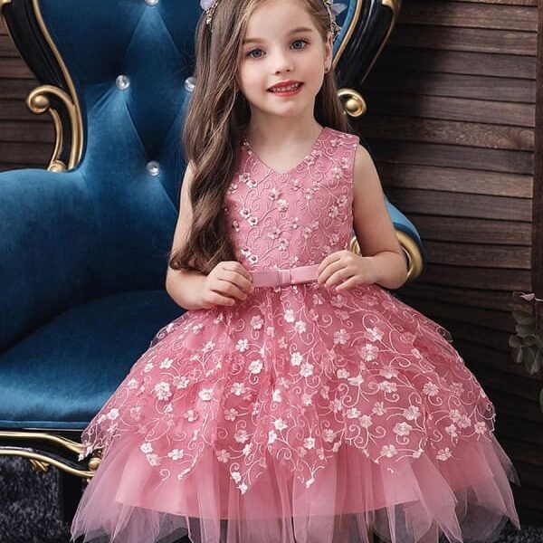 V Neck Tulle Sleeveless Princess Kids Dresses Floral Knee Length Dress for Wedding