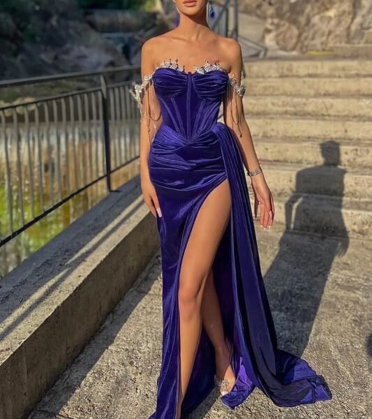 Velvet Off-the-Shoulder Beads Split Mermaid Prom Dress with Ruffles