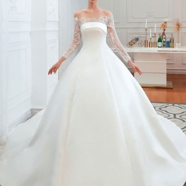 Vintage Wedding Dress Off The Shoulder Long Sleeve Princess Satin Floor Length Bridal Gowns With Train