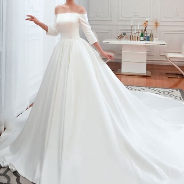 3/4 Sleeve Satin Aline Wedding Dress With Chapel Train