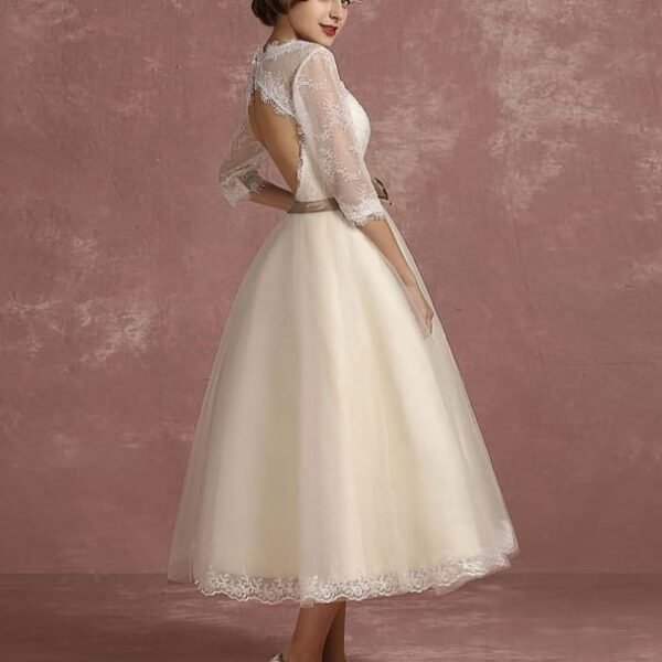 Vintage Wedding Dress Short Lace Tulle Bridal Dress Half Sleeve V Neck Backless A Line Flower Sash Tea Length Bridal Gown Exclusive