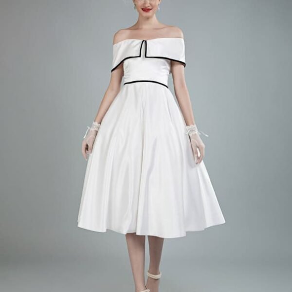 Vintage Wedding Dresses Satin Off The Shoulder A Line Tea Length Short Bridal Gowns Exclusive