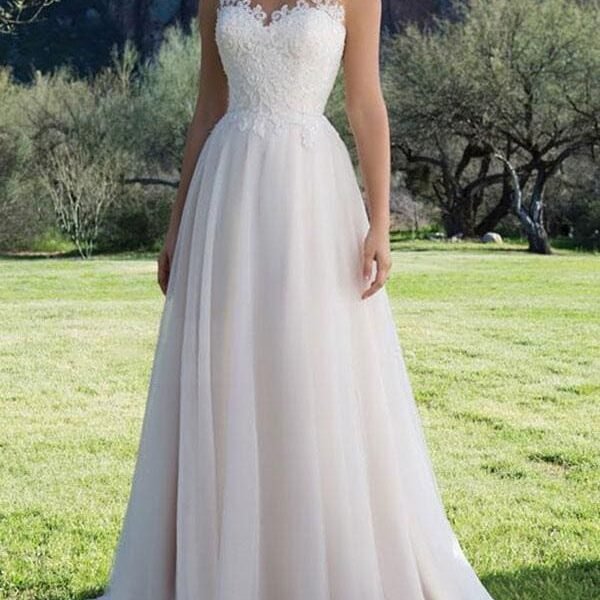 Wedding Dress A Line V Neck Sleeveless Lace Beach Party Bridal Gowns With Train