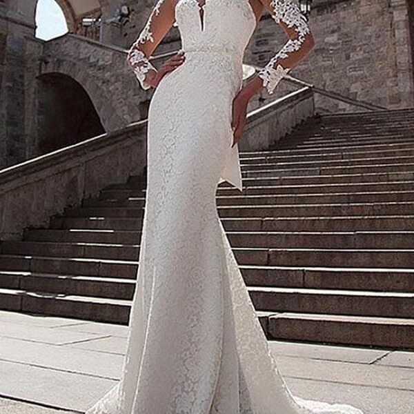 Wedding Dress Lace Illusion Neck Long Sleeves Mermaid Bridal Gowns With Court Train