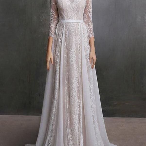 Wedding Dress With Train A-Line Long Sleeves Chiffon Jewel Neck Ivory Bridal Gowns