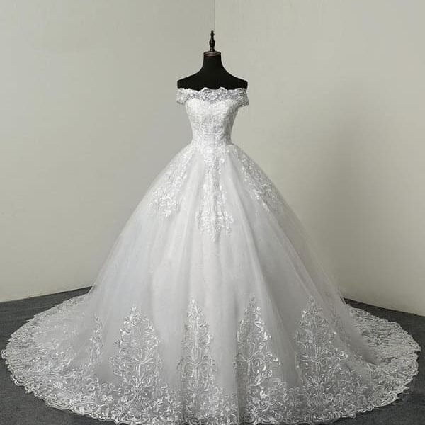 Off The Shoulder Ball Gown Wedding Dresses Short Sleeve Lace Applique Tulle Bridal Dress