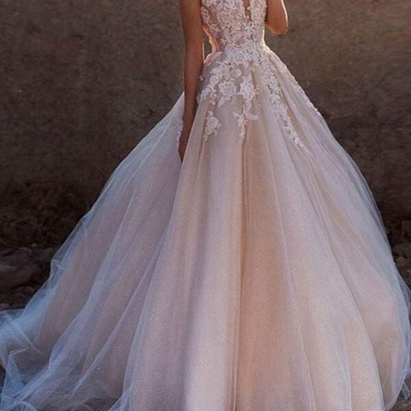 Princess Wedding Dresses Jewel Neck Sleeveless Lace Soft Tulle Bridal Gowns
