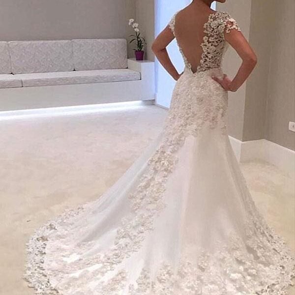 Wedding Dresses V Neck Short Sleeve Sheath Deep V Backless Lace Beaded Bridal Gowns With Train