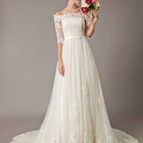 Wedding Dresses Ivory Off The Shoulder Half Sleeve Lace Beaded Bow Sash Tulle Bridal Gowns With Train