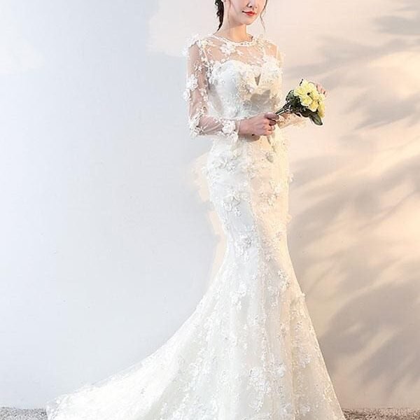 Wedding Dresses Long Sleeve Mermaid Flowers Applique Bows Ivory Bridal Dress With Train