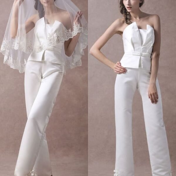 Ivory Wedding Jumpsuits Strapless Satin Bow Sash Long Bridal Jumpsuits