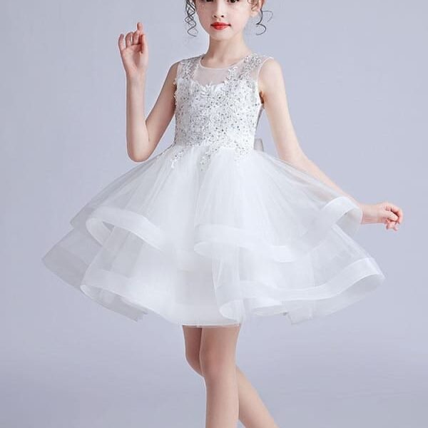 White Embroidered Kids Party Dresses Flower Girl Dresses Jewel Neck Sleeveless
