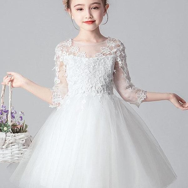 White Formal Kids Party Dress 3/4 Sleeves Flower Girl Dresses with Lace Appliques