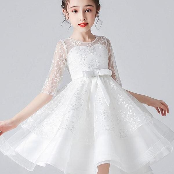 White Half Sleeves Flower Girl Dresses Jewel Neck Kids Social Party Dresses