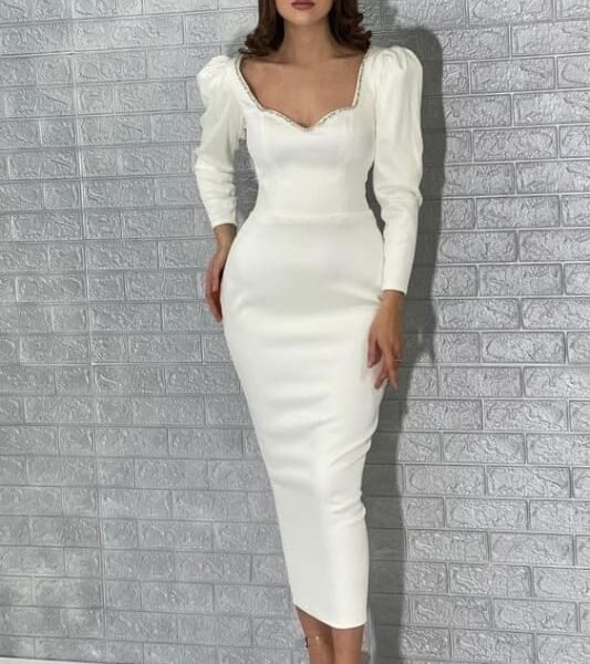 White Jewel Long Sleeve Sequined Prom Dress