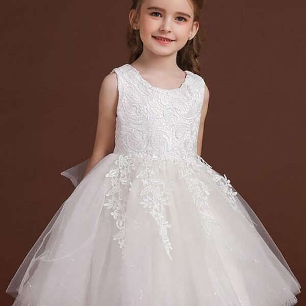 White Jewel Neck Sleeveless Flower Girl Dresses A-Line Embroidered Formal Kids Pageant Dresse