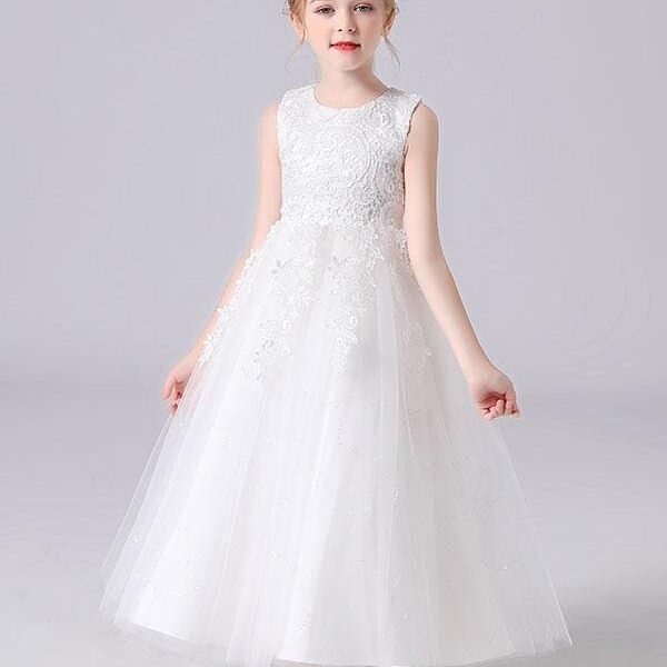 White Jewel Neck Sleeveless Flower Girl Dresses Kids Party Dresses