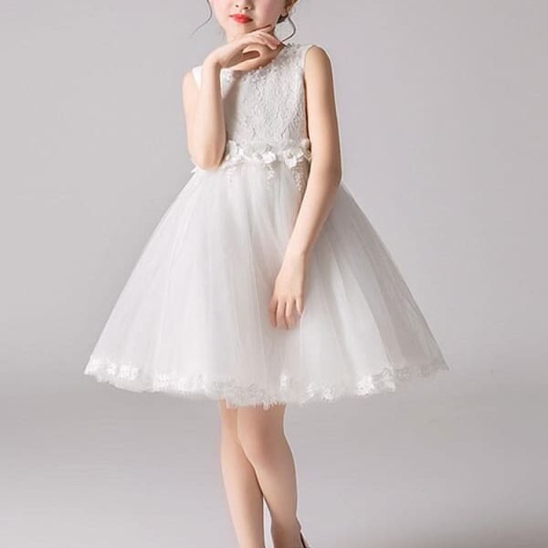 White Lace Tulle Sleeveless Short Formal Flower Girl Dresses Jewel Neck Princess Silhouettes Pageant Dresses