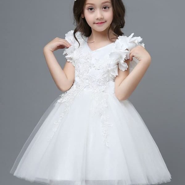 White Little Flower Girl Dresses A-Line V-Neck Tulle Flowers Kids Party Dresses