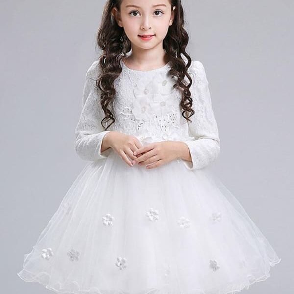 White Long Sleeves Flowers Formal Kids Pageant Dresses Flower Girl Dresses