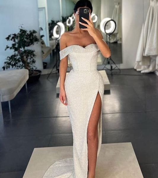 White Off-the-Shoulder Sequins Mermaid Prom Dress with Split