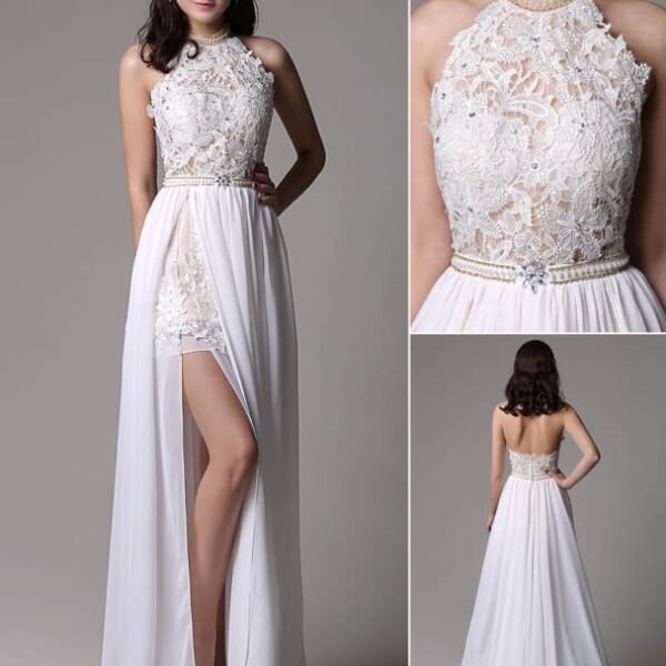 Long Ivory Halter Backless Evening Dress Lace Applique Beading Chiffon Split Party Dress