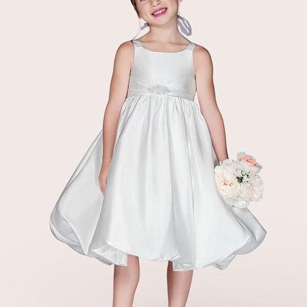 White Satin Flower Girl Dresses Jewel Neck Sleeveless Beaded Formal Kids Pageant Dresses