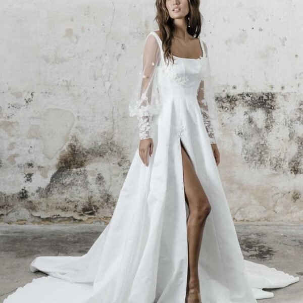 Square Neck A-Line Wedding Dress Long Sleeves with Split Front