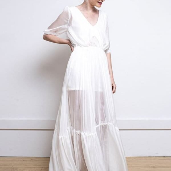 White Simple Wedding Dress A-Line V-Neck Half Sleeves Backless Tulle Satin Long Bridal Gowns