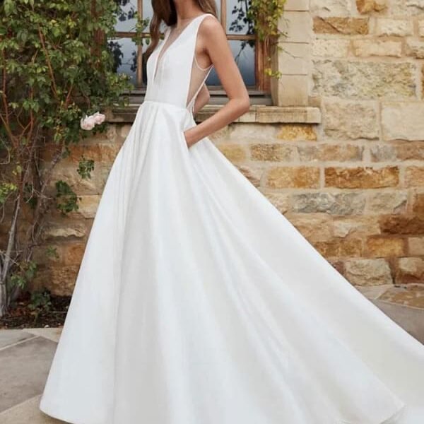 White Simple Wedding Dress A-Line With Train V-Neck Sleeveless Pockets Satin Fabric Bridal Gowns