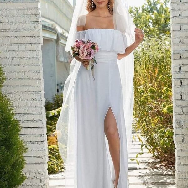 White Simple Wedding Dress Chiffon Bateau Neck Sleeveless Split Front A-Line Long Bridal Gowns