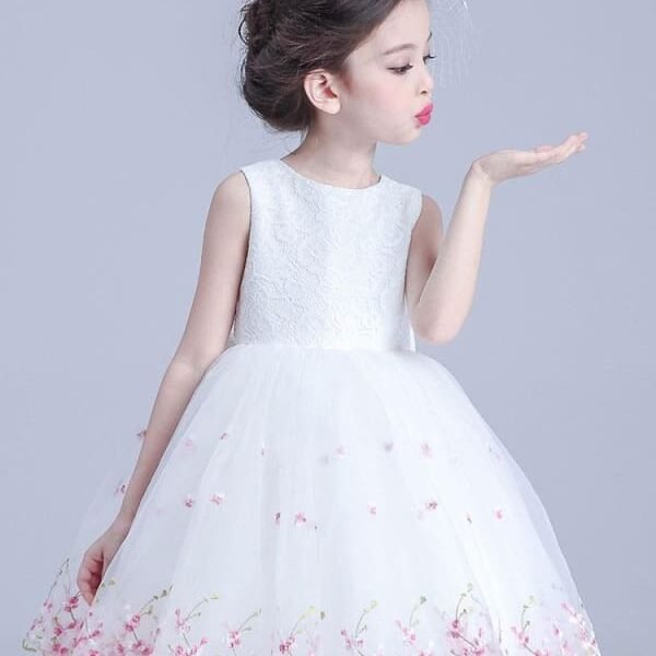 White Sleeveless Flower Girl Dresses Jewel Neck Kids Social Party Dresses