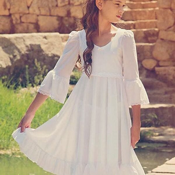 White V-Neck Flower Girl Dresses Long Sleeves Formal Kids Dresses
