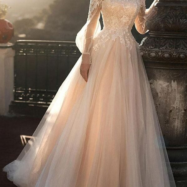 White Wedding Dresses A-Line Court Train Long Sleeves Single Thread Tulle Buttons Illusion Neckline Bridal Gowns