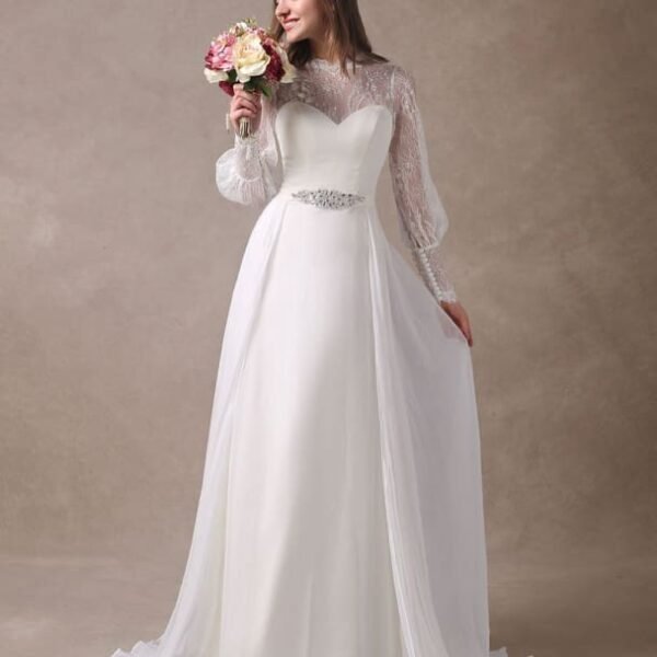 White Wedding Dresses Long Sleeve Lace Chiffon Beading Sash Illusion Beach Bridal Dress With Train Exclusive