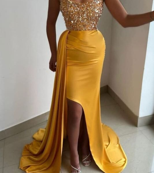 Yellow Off-The-Shoulder Sequins Pleated Long Mermaid Prom Dress