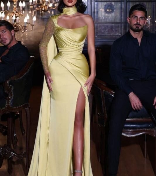 Yellow One Shoulder Halter Pleated High Split Prom Dress