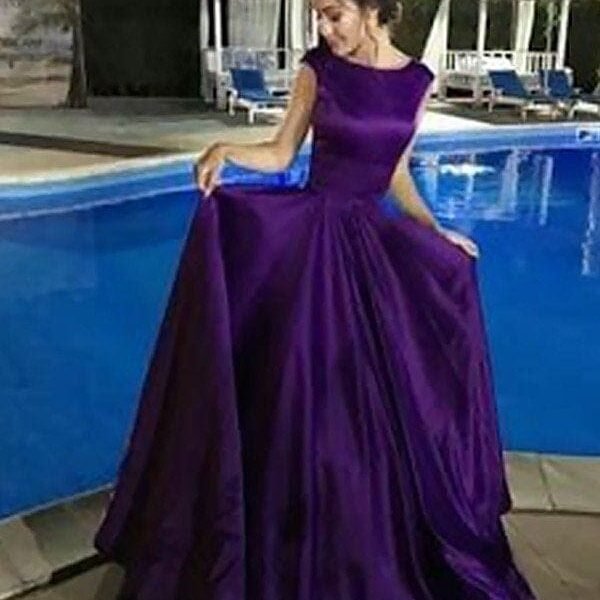 A-Line Bateau Sleeveless Floor-Length With Ruffles Satin Dresses
