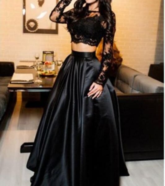 A-line Black Two Piece Long Sleeve Floor Length Satin Evening Dress with Lace