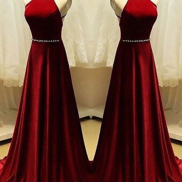 A-Line Halter Sleeveless Sweep/Brush Train With Beading Satin Dresses
