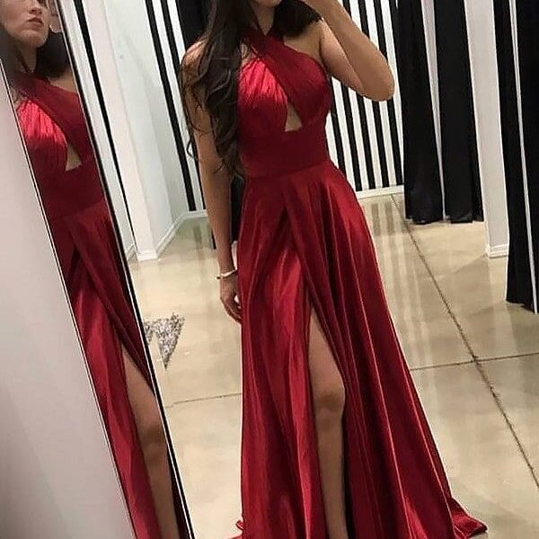 A-Line Halter Sleeveless Ruffles Satin Red Prom Dresses with Front Split