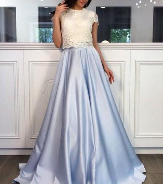 A-line Light Blue Two Piece Short Sleeves Round Neck Satin Prom Dress with Lace