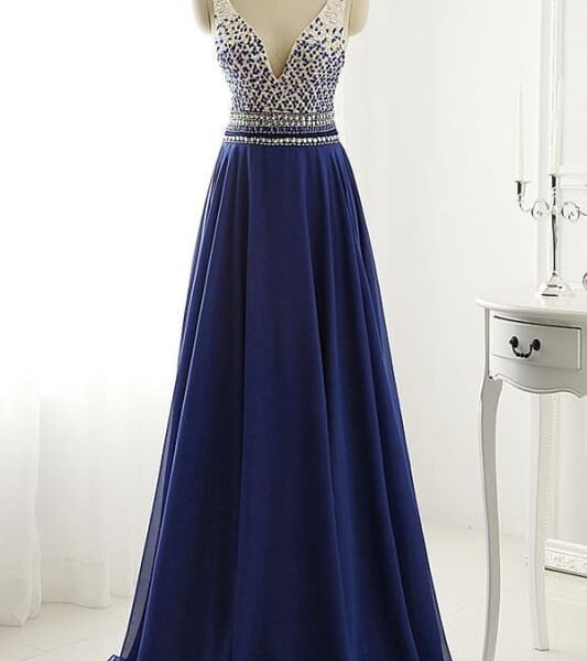 A Line Long Chiffon Royal Blue Crystal Prom Dress Eevening Gown