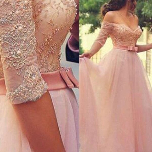 A-Line Off-the-Shoulder 1/2 Sleeves Floor-Length With Lace Tulle Dresses