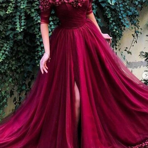 Half Sleeves Off-the-Shoulder A-Line Ruffle Tulle Evening Dresses